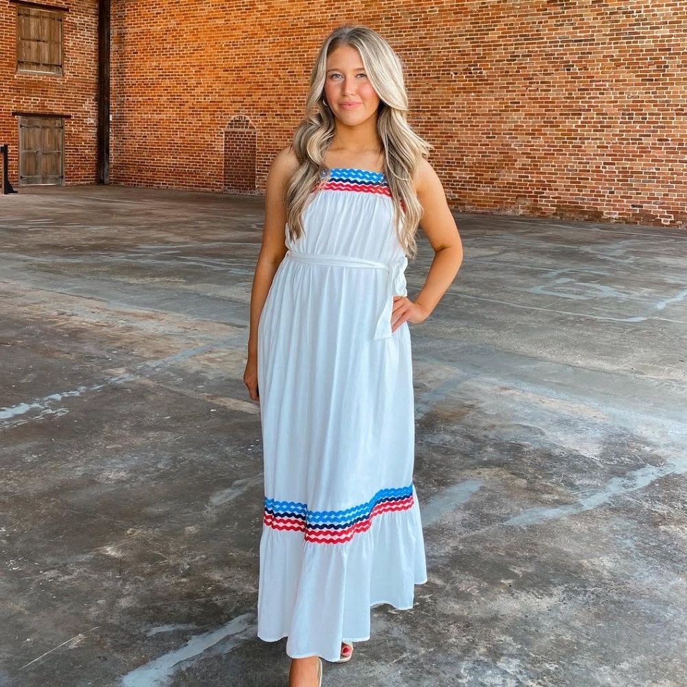 Entro White Maxi Dress with Blue and Red Accents🦞🧨🇺🇲